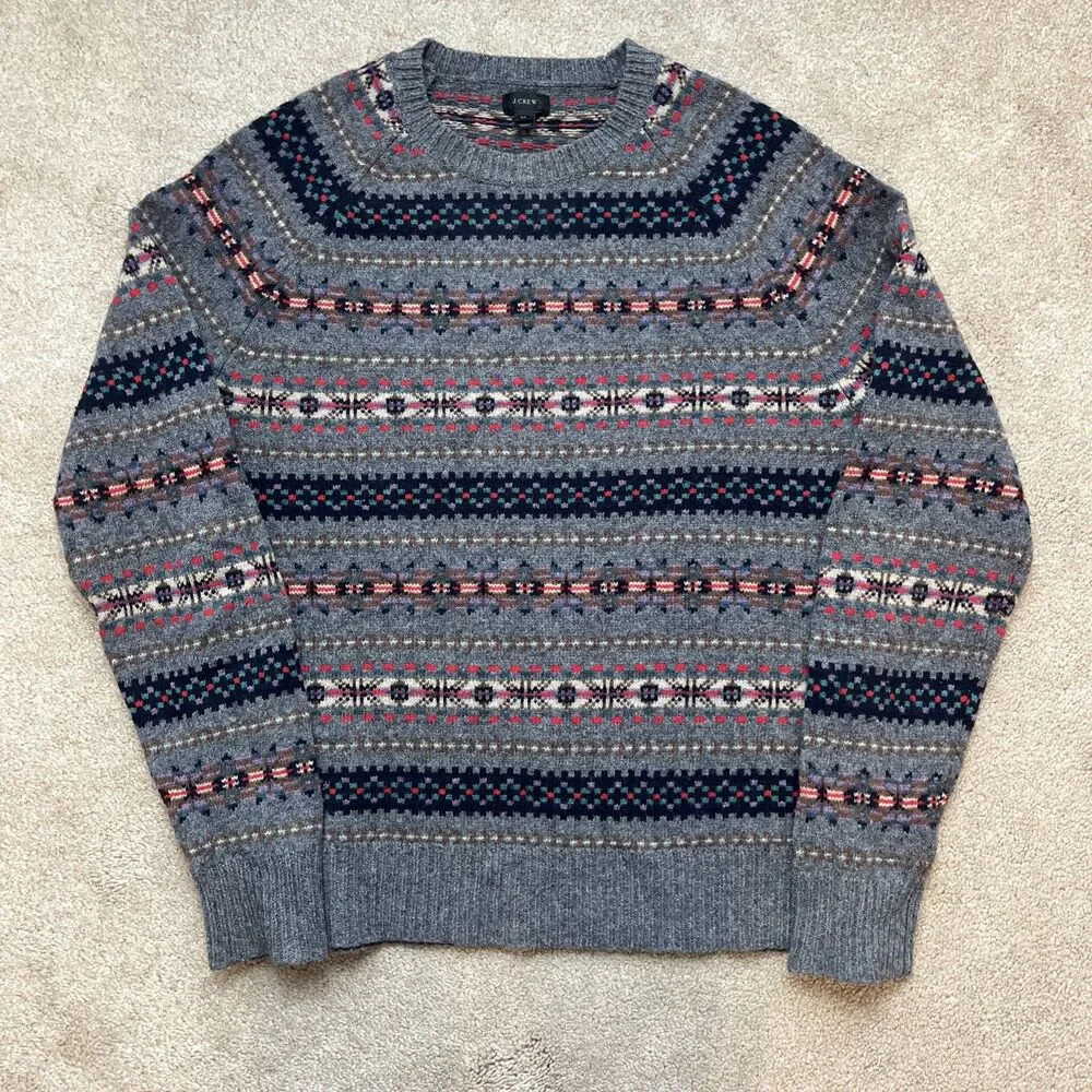 J Crew Sweater Mens Large Gray Fair Isle Lambswool Crewneck Pullover Cabincore